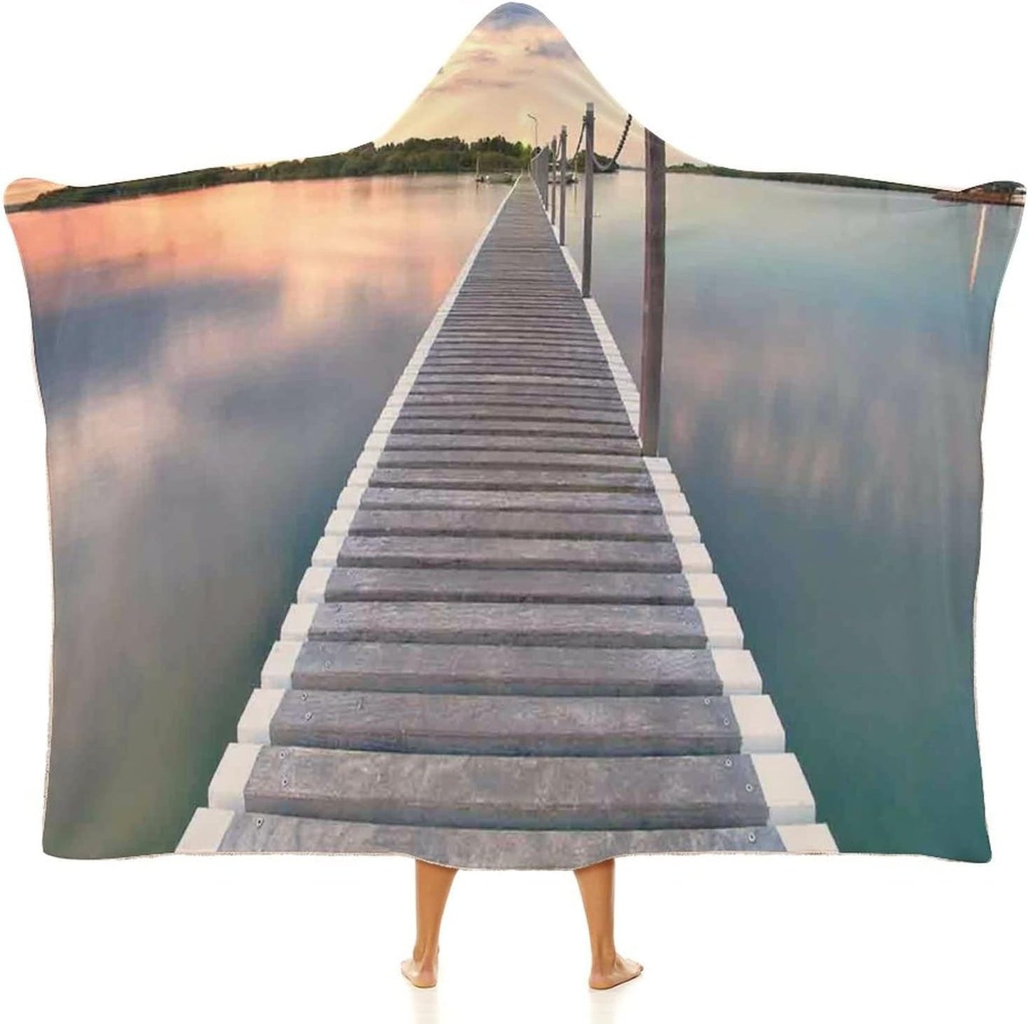 Throw Blankets, Ocean Wearable Hooded Blanket for Adults, Pontoon Jetty Pier Deck Across The Water at, Soft Warm Cozy, 50 x 60inches, Studying Reading Snuggling Napping Office, Aqua Grey Peach
