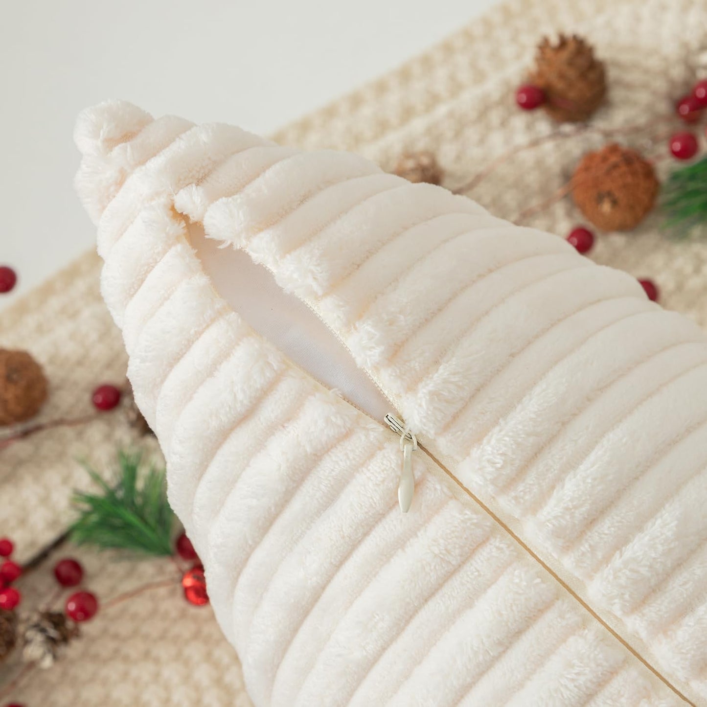 Kevin Textile Set of 2 Oblong Pillow Covers Christmas Plush Striped Corduroy Velvet Rectangular Lumbar Throw Pillow Case 12x20 Cushion Cover for Chair, 30 x 50cm, Creamy White