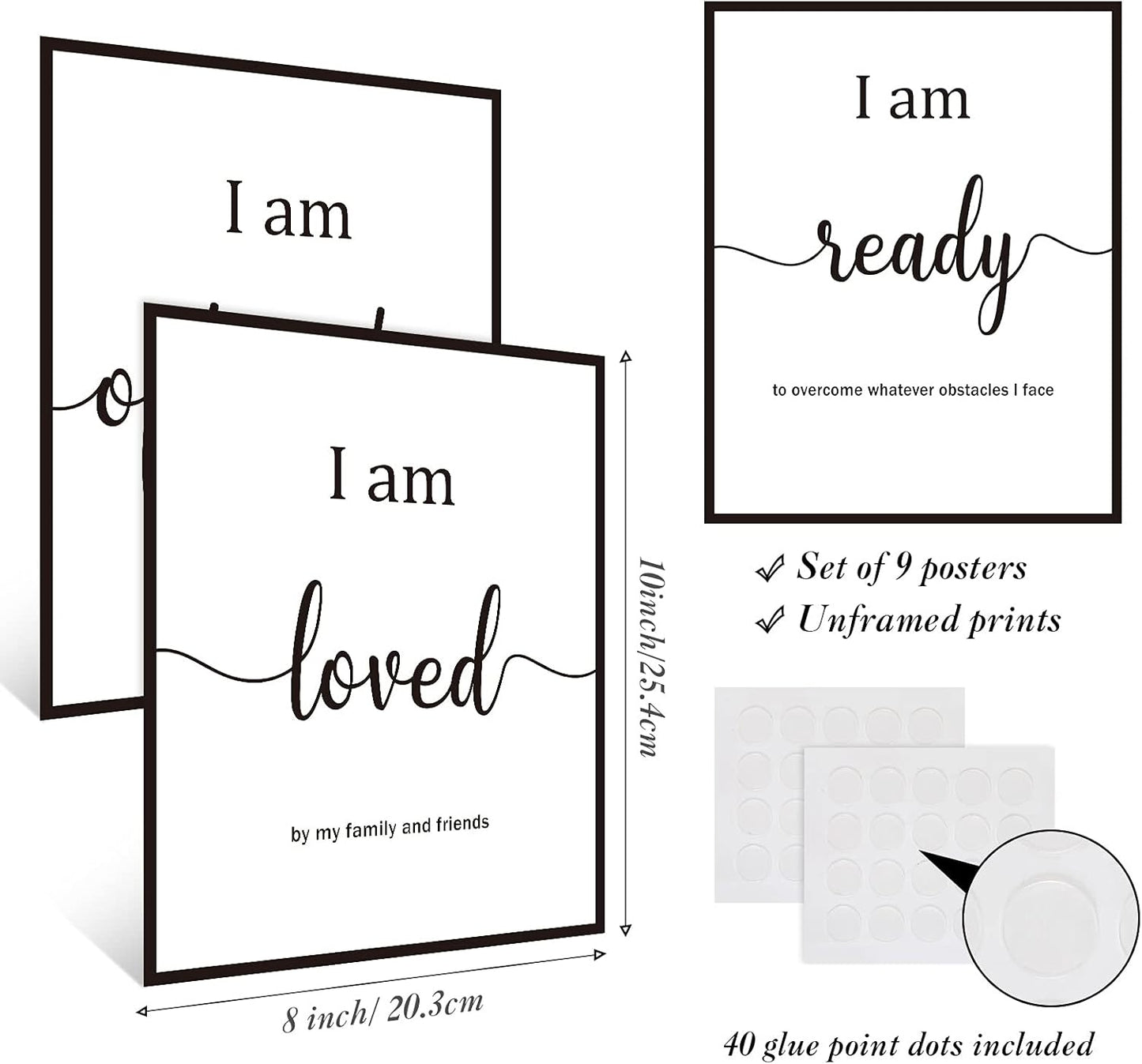 Outus 9 Pieces Inspirational Motivational Wall Art Office Bedroom Wall Art,Daily Positive Affirmations for Men Women Kids Inspirational Positive Quotes Sayings Decor(White)