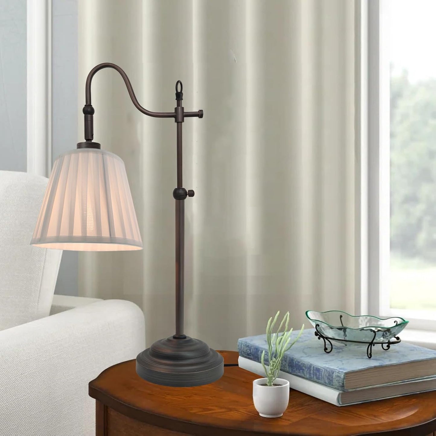 Farmhouse Table Lamps for Living Room, Vintage Swing Arm Desk Lamp with Adjustable Height, Industrial Bedside Reading Pleated Light for Bedroom, E26