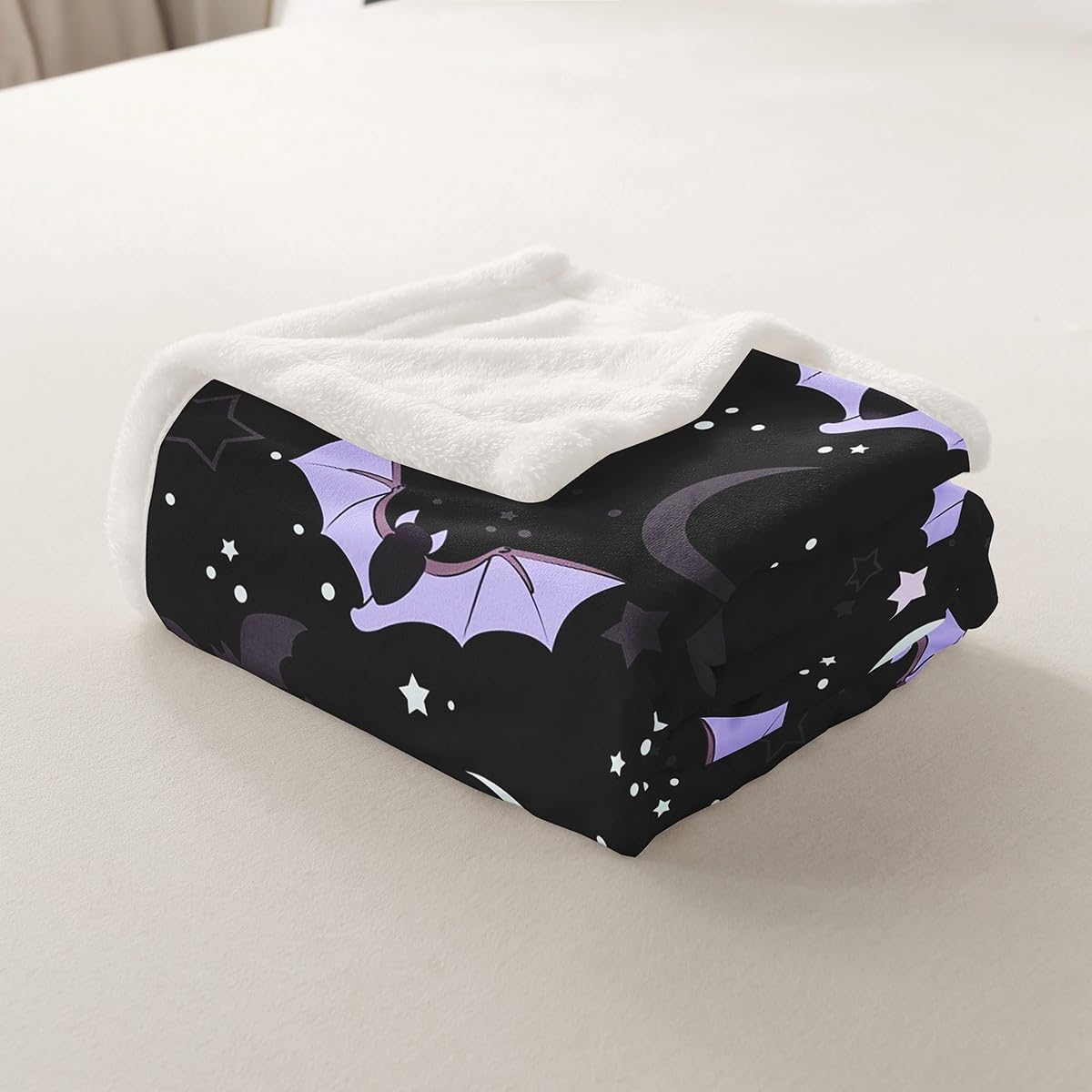 Purple Moon Galaxy Fleece Blanket - 50"x60", Cartoon Bat & Gothic Halloween Throw with Glitter Stars
