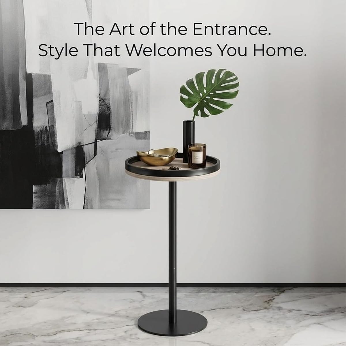 Oak Finish Martini Table, Small Round Drink Table, Modern Farmhouse Side Table with Tray Top, Metal Weighted Base End Table for Living Room,Small Spaces,Next to Sofa, 24.7" Tall