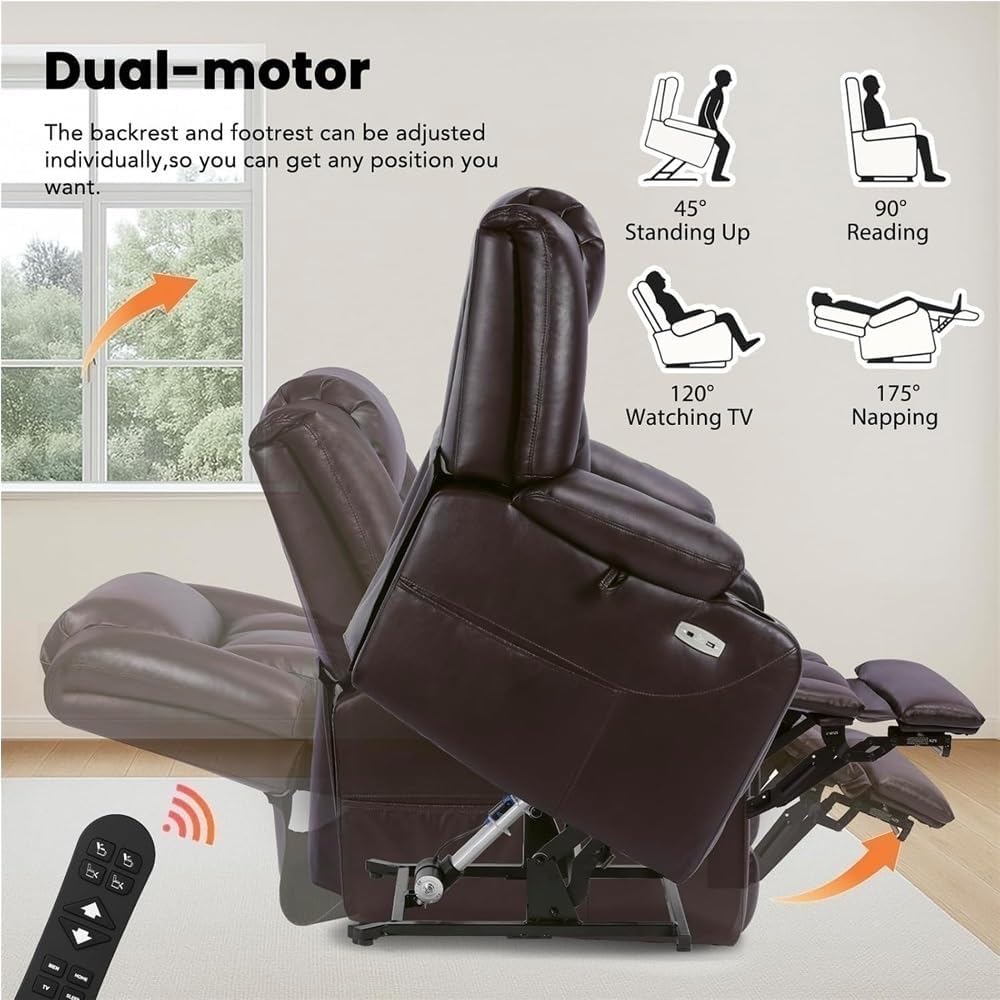 Dual Motor Heavy Duty Oversized Power Lift Recliner Chair for Elderly Leather Recliner with Massage Heat and Lay Flat Adjustable Electric Sofa Cup Holders Lift Chair