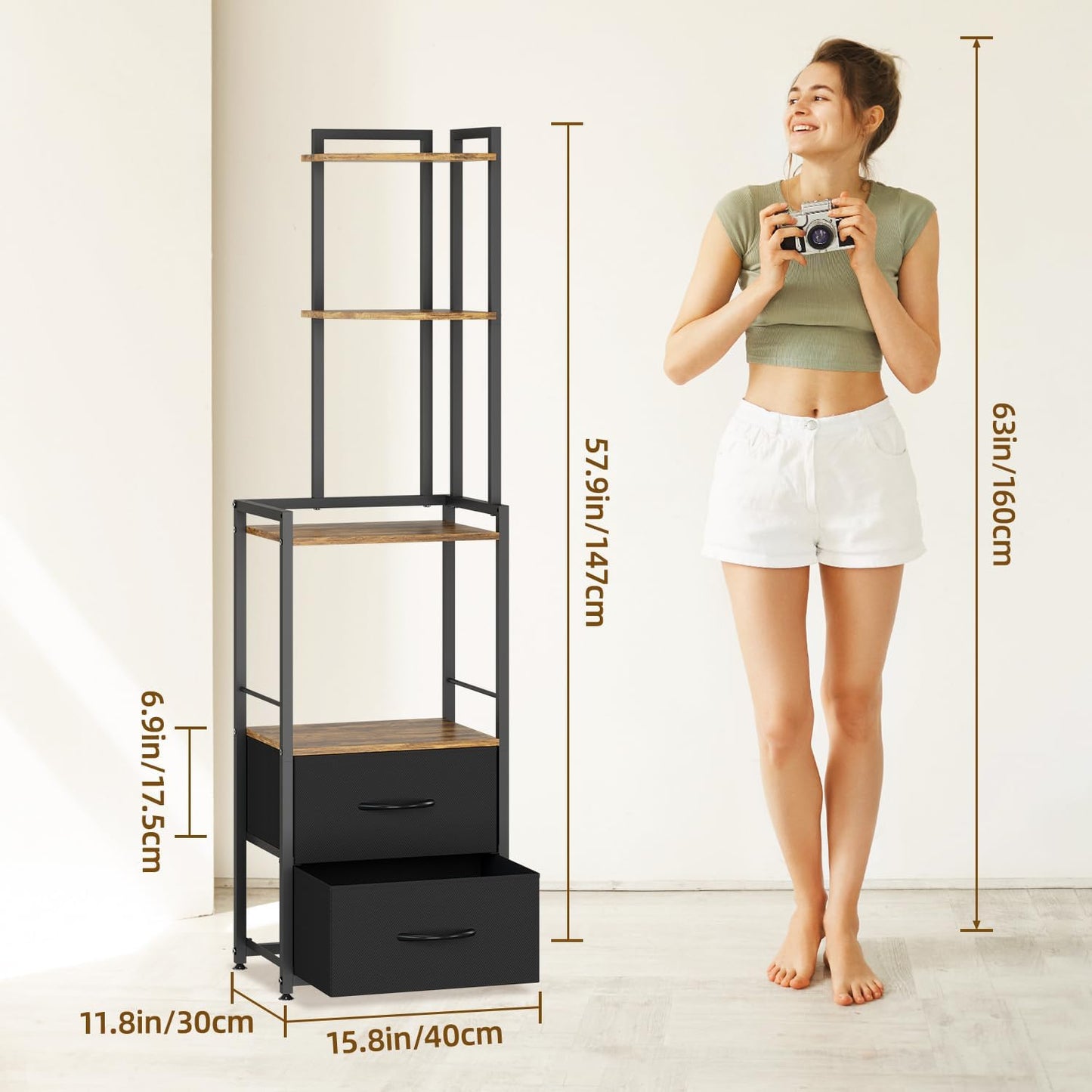 PouHenier.jh 6 Tier Corner Shelf with Drawer, Living Room Rustic Brown 58" Tall Floor Standing Storage Organizer with Anti-tip, Stable Bedroom Nook Space Saving Open Display Antique Ladder Stand Unit