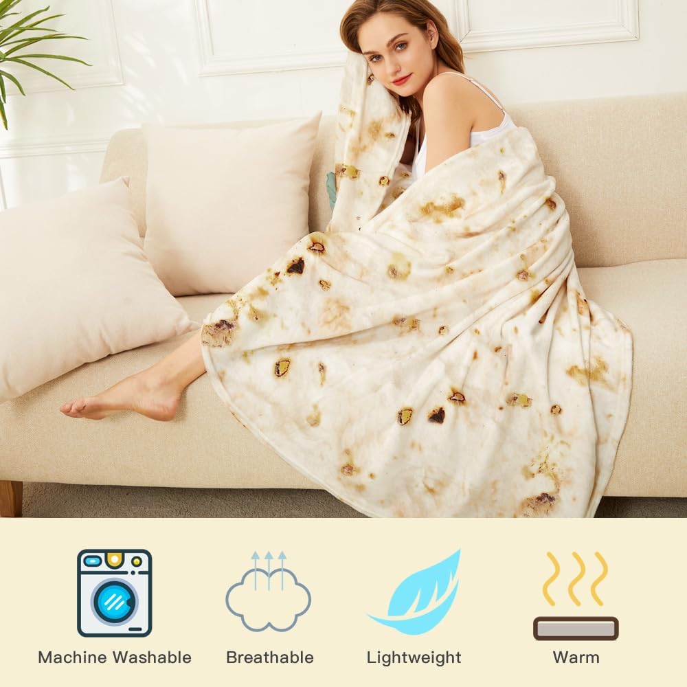 LetsFunny Burrito Tortilla Throw Blanket, 80in Soft Cozy Warm Couch Blankets for Women Men, Realistic Double Sided Taco Tortilla Round Food Blanket, Flannel Throw Blanket for Birthday Anniversary