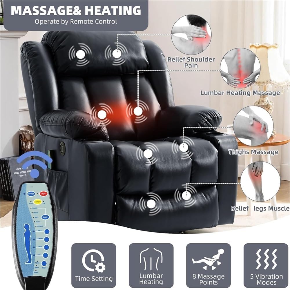 Power Lift Recliner Chair with Heat Massage USB Ports Cup Holders Electric Adjustable Recliner for Adults Remote Control Leather Upholstered Sofa Chair Ink Black