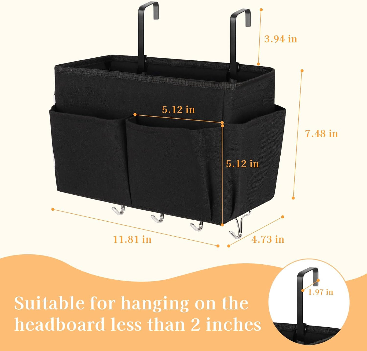 Bedside Storage Organizer 5 Pockets with 4 Hooks Hanging Storage Bag for Headboards/Bunk Bed (Black)