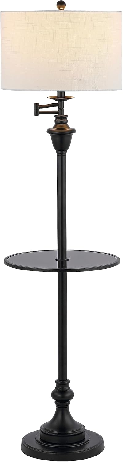 JONATHAN Y 60" Black Floor Lamp with Integrated Glass Side Table, Modern Swing Arm Standing Lamp for Living Room, White Linen Shade, LED Bulb Included (JYL3055D)