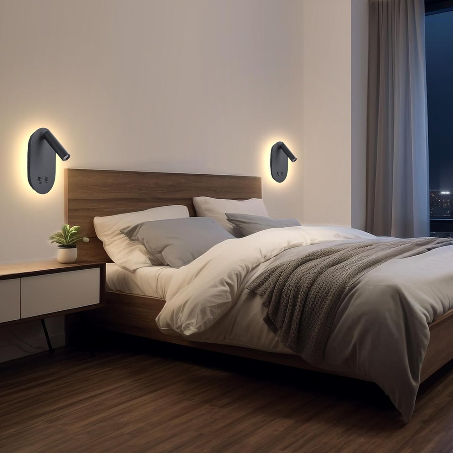 Wall Lamp Plug in Hardwired 2 in 1 Wall Sconces, Wall Mounted Reading Light with USB Type C Ports, Adjustable Bedside Headboard Spotlight, Bedside Lamp with 9W+3W Night Light 3000K (Black)