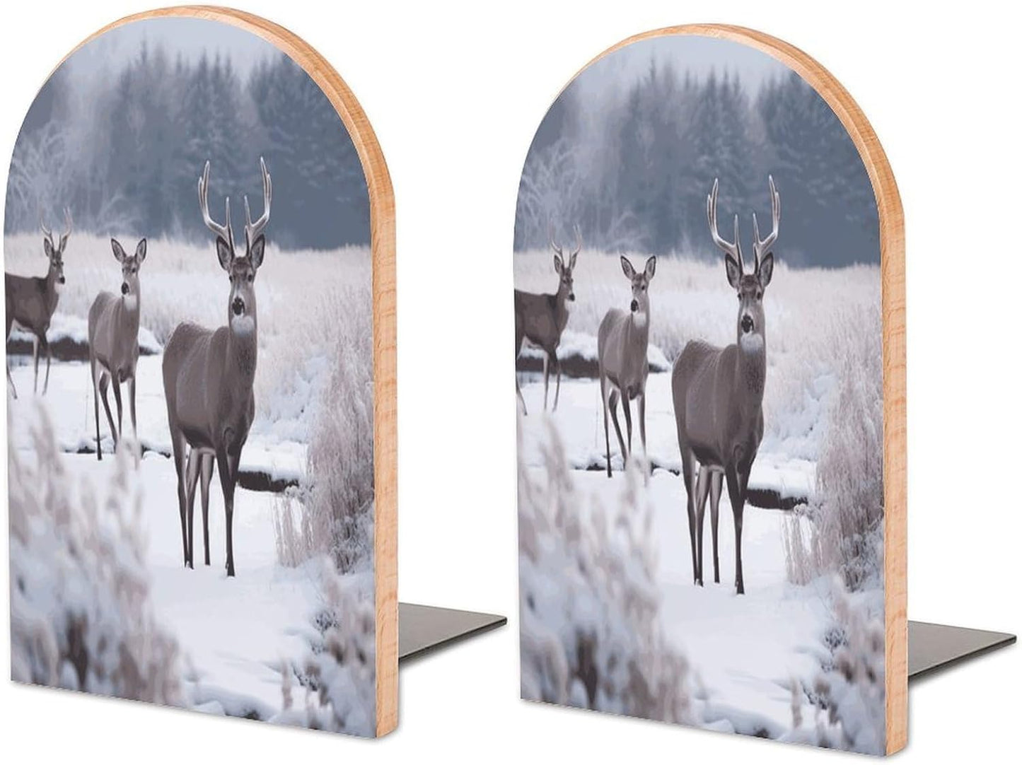 Non-Slip Bookend for Shelves Deer on Frozen Wilderness Wooden Bookends with Metal Base Decorative Book Stopper for Home Heavy Duty Wood Book Storage for Books/CDs