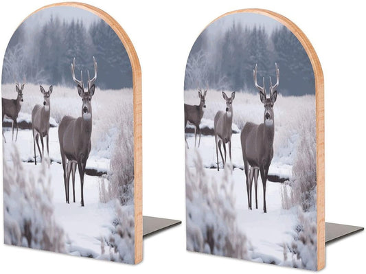 Non-Slip Bookend for Shelves Deer on Frozen Wilderness Wooden Bookends with Metal Base Decorative Book Stopper for Home Heavy Duty Wood Book Storage for Books/CDs