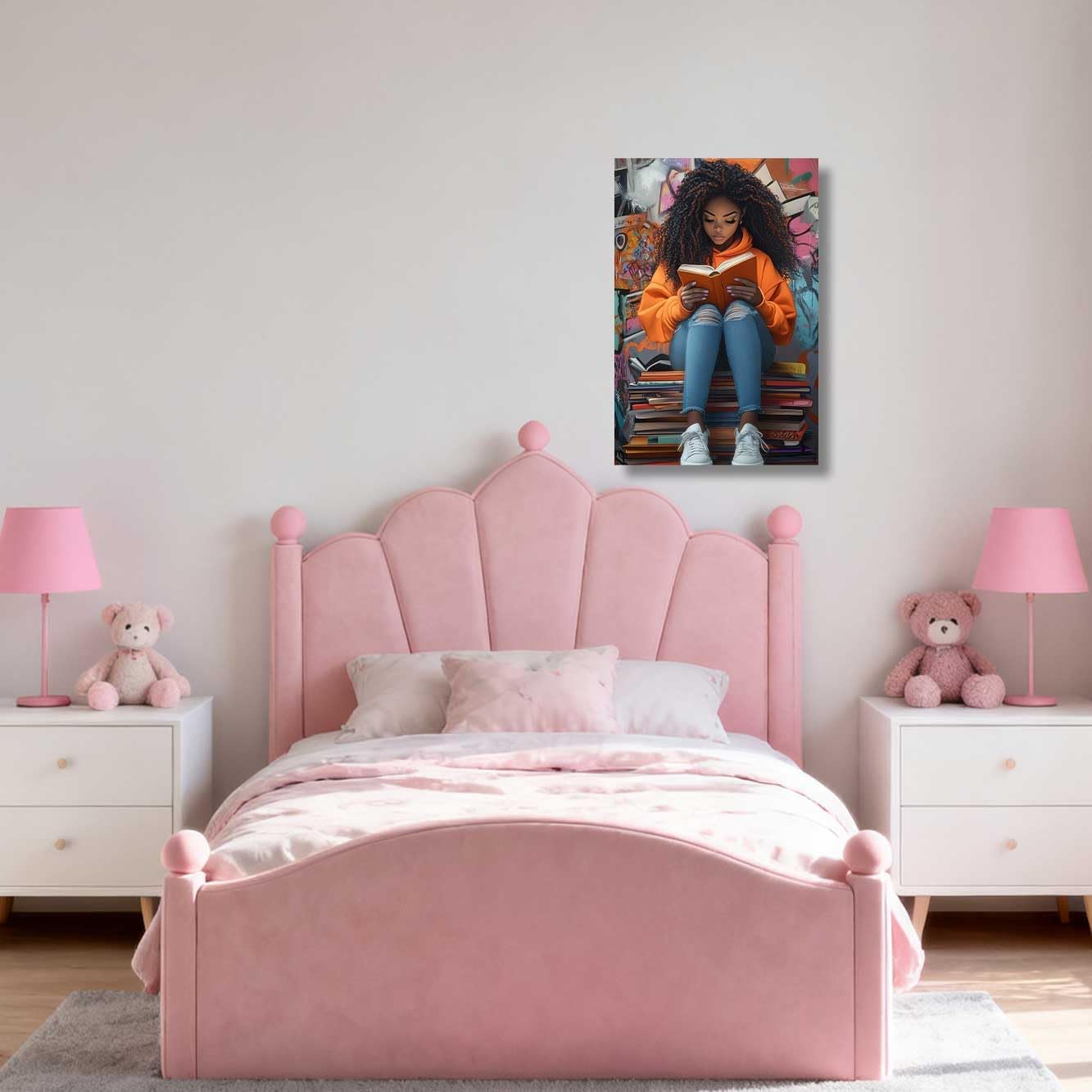 ZSHARTSWD Black Girl Reading Book Wall Art African American Canvas Print Black Woman Picture Inspiring Book Lover Painting for Teen Girls Bedroom Decor Framed (Orange, 18L x 12W)