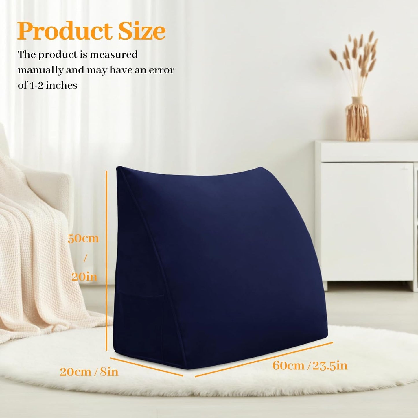 Wedge Headboard Pillow Reading Backrest Pillows for Sitting in Bed Sofa Dorm with Removable Cover Side Pockets Dutch Velvet Fabric Dark Blue