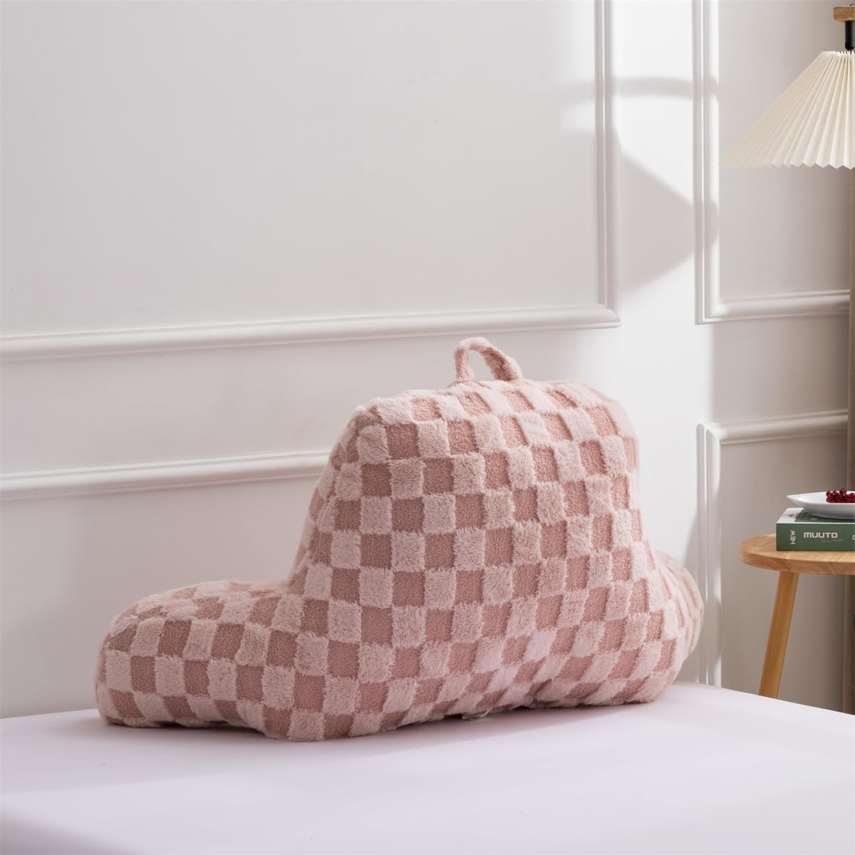 Holawakaka Checkered Reading Pillow for Sitting up in Bed Sofa Kids Teens, Backrest Pillow with Arms for Boys Girls Women Petites Pregnancy, Back Support Cushion for Couch Floor Nursery Playroom,Pink