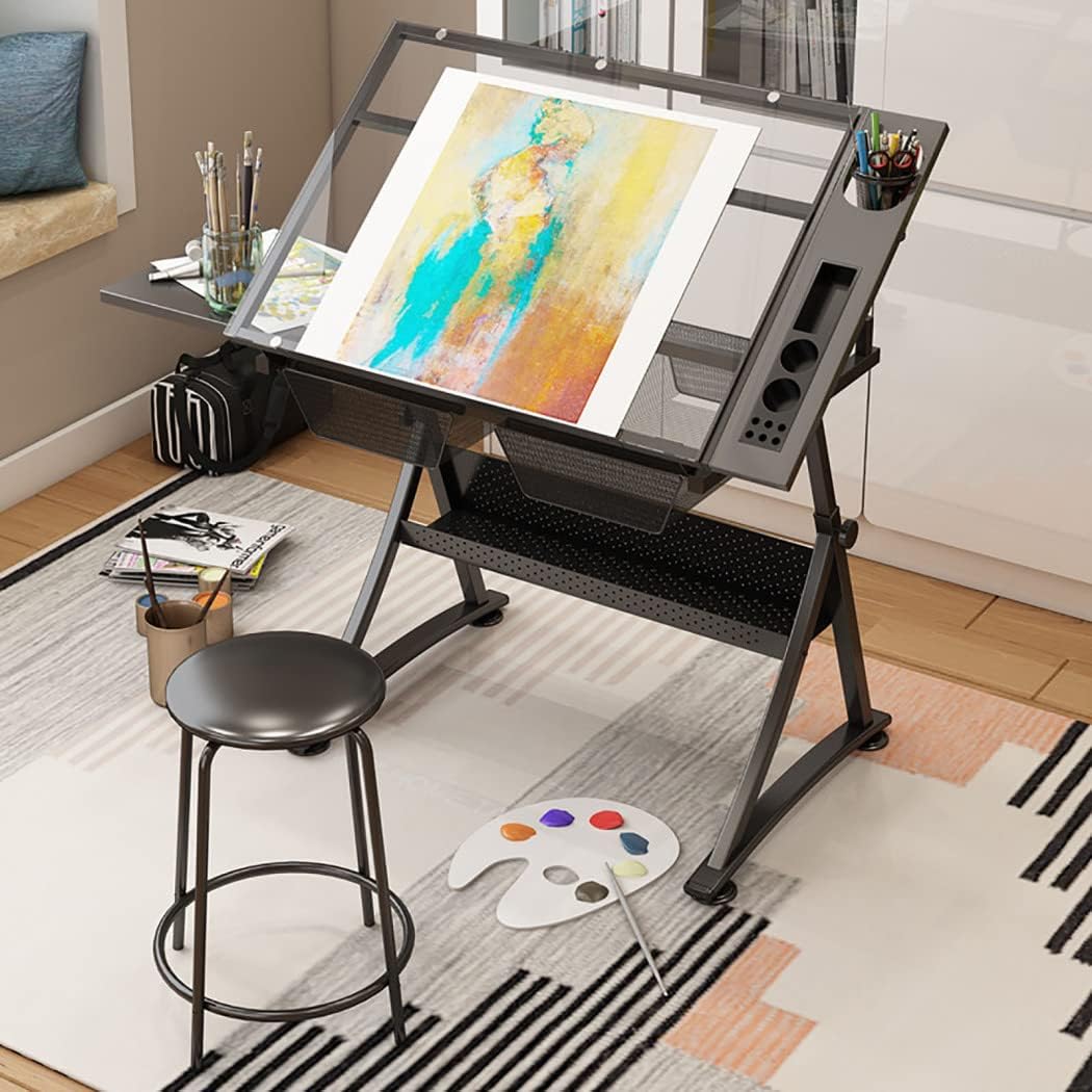 Drawing Tilting Tablet,Drafting Desk, Drafting Table for Artists, Height Adjustable Glass Writing Desk with Stool, Tiltable Drawing Table Craft/Art Desk, 2 Storage Drawer, P