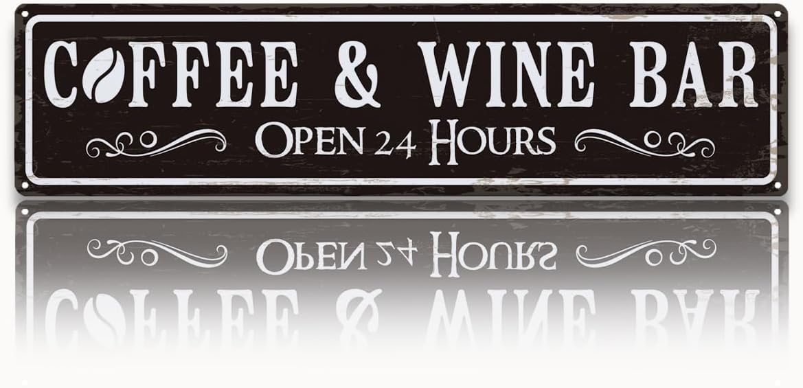 Coffee and Wine Bar Decor, Coffee & Wine Bar Open 24 Hours Sign, Retro Metal Tin Sign, Rustic Farmhouse Wall Decoration, Vintage Home Decor for Kitchen, Coffees Station Decors, 15.8x4 Inches