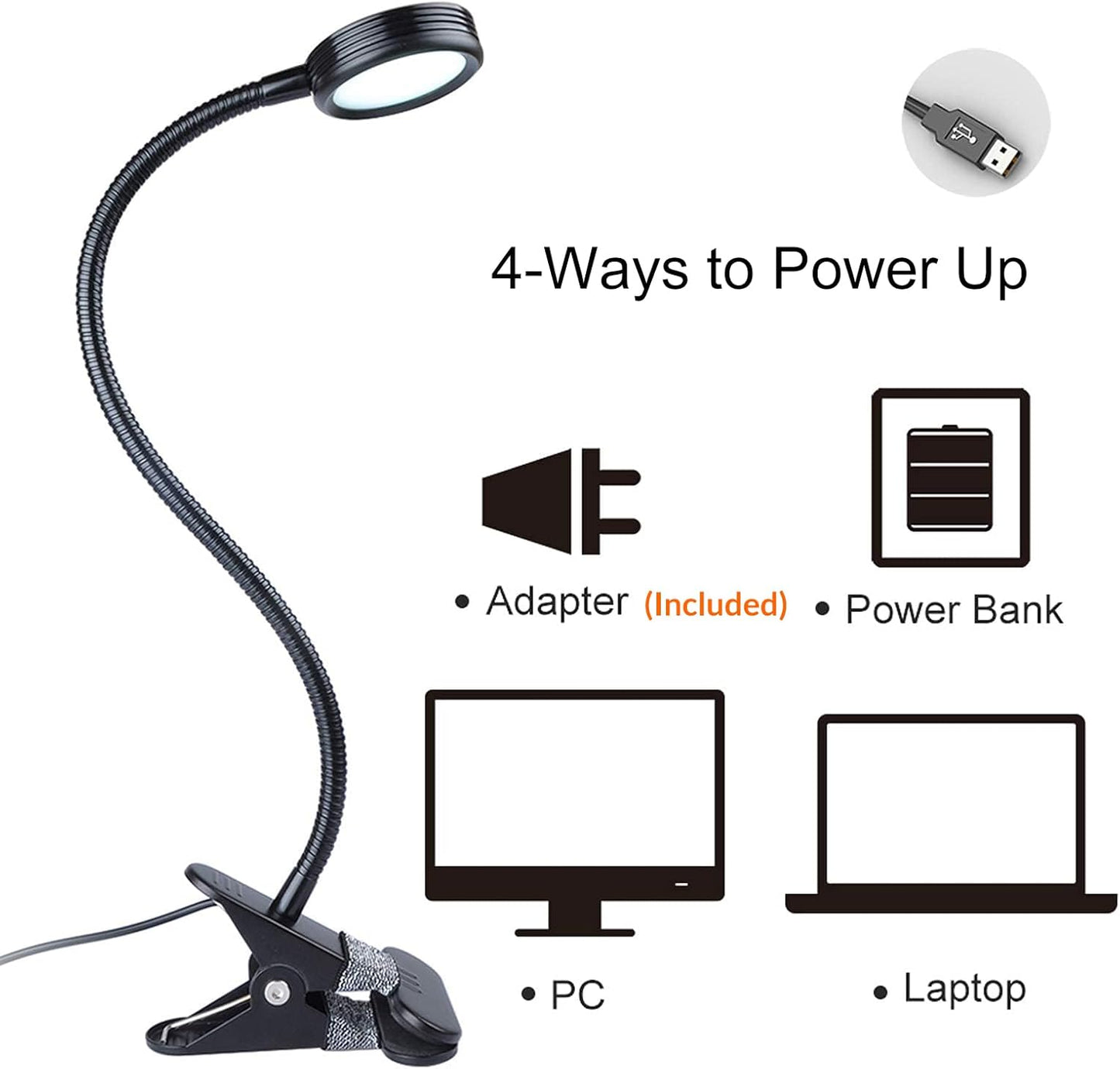 LEPOWER Clip on Light/Reading Lights/Book Light/Desk Lamp Color Changeable/Night Lights Clip on for Desk, Bed Headboard and Computers, Adapter Included (Black)