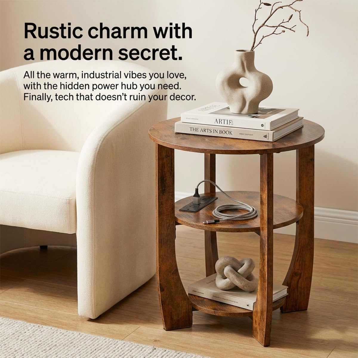 Round Side Table with Charging Station,3 Tier End Table with USB Ports & Outlets,19.7" Nightstand for Bedroom,Living Room,Small Spaces,Rustic Brown Wood Look Accent Table