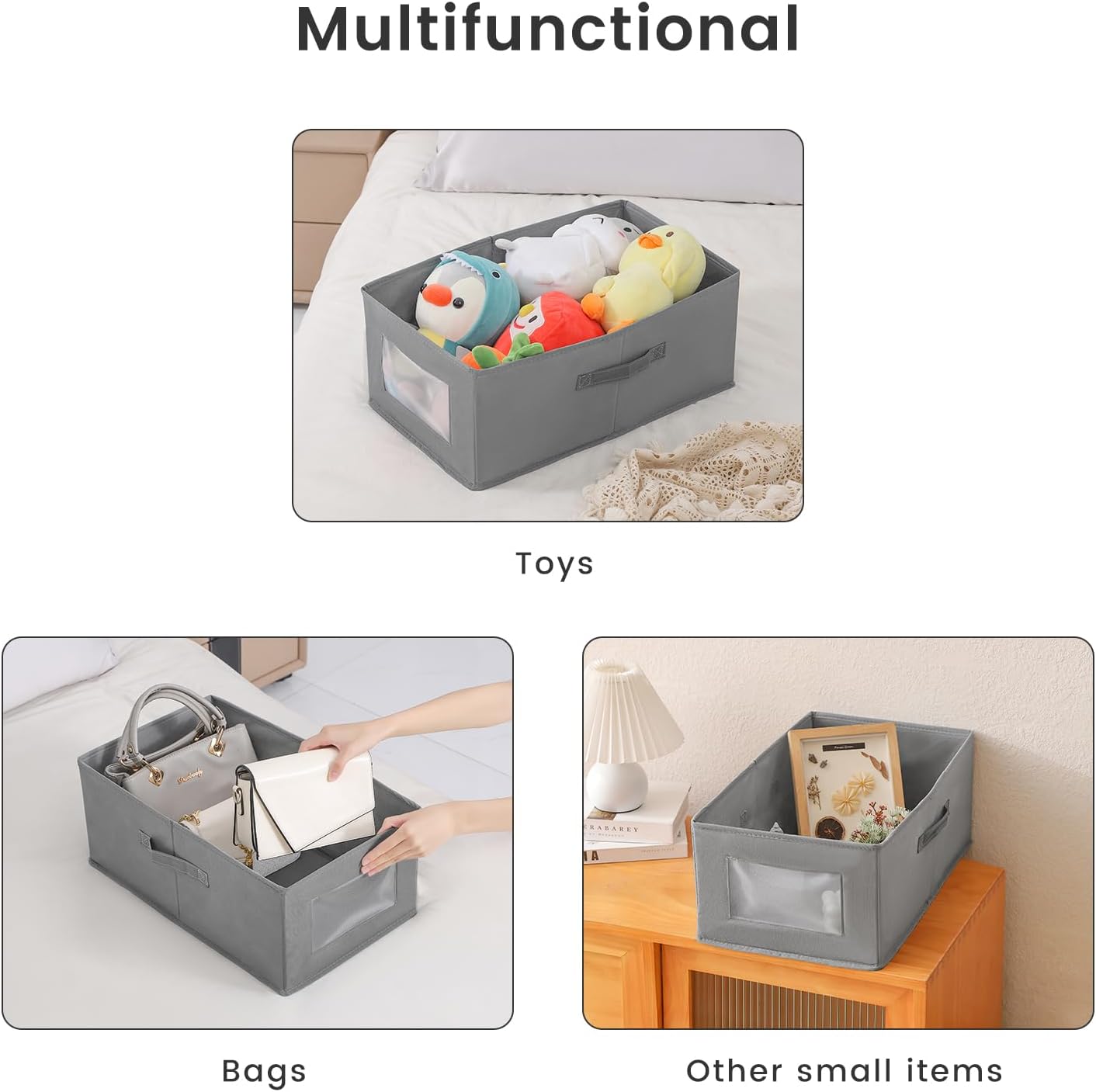 4 Packs Linen Storage Bins with Clear Window, Closet Organizers and Storage Containers with Handle, Large Storage Box Basket for Clothing, Jeans, Toys, Books, Shelves(18.50x11.02x7.87in.)