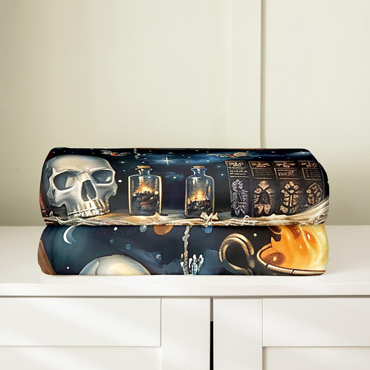 Gothic Halloween Kids Flannel Blanket,Skull Skeleton Spide Web Trippy Throw Blanket,Wooden Bookshelf Reading Books Cozy Throws for Bed Couch Sofa,Black Soft and Breathable,Twin Size (60 x 80 Inches)