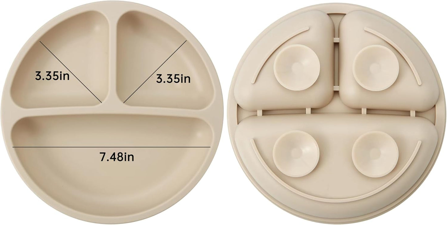PandaEar Silicone Baby Feeding Set| 2 Pack Silicone Divided Suction Plate and 2 Pack Tiny Cup with 2 Spoons 2 Forks| Baby Led Weaning Supplies Self Feeding Eating Utensils (Light Tan/Walnut)