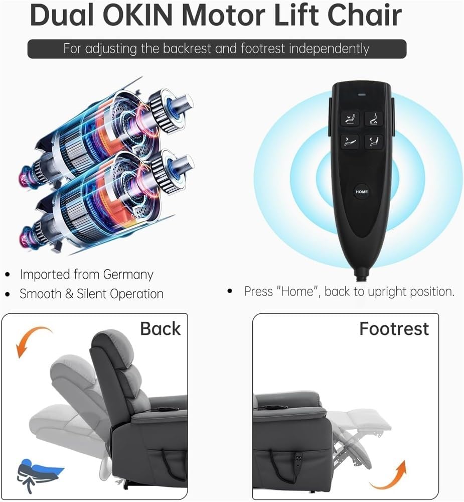 Power Lift Recliner Chair for Elderly, Lay Flat Electric Living Room Sofa with Heat and Massage, Breathable Gray Leather Power Recliner with 2 Side Pockets, USB Ports