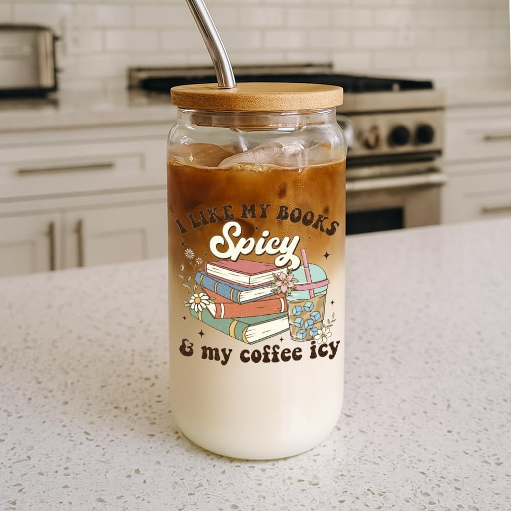 Funny Coffee Glass Cup Bookish Gifts for Women Mom Friend Book Lover Librarian,Book Themed Cute Drinking Glass Cup with Lids Straws,Reading Gifts for Birthday,I Like My Books Spicy & My Coffee Icy -8
