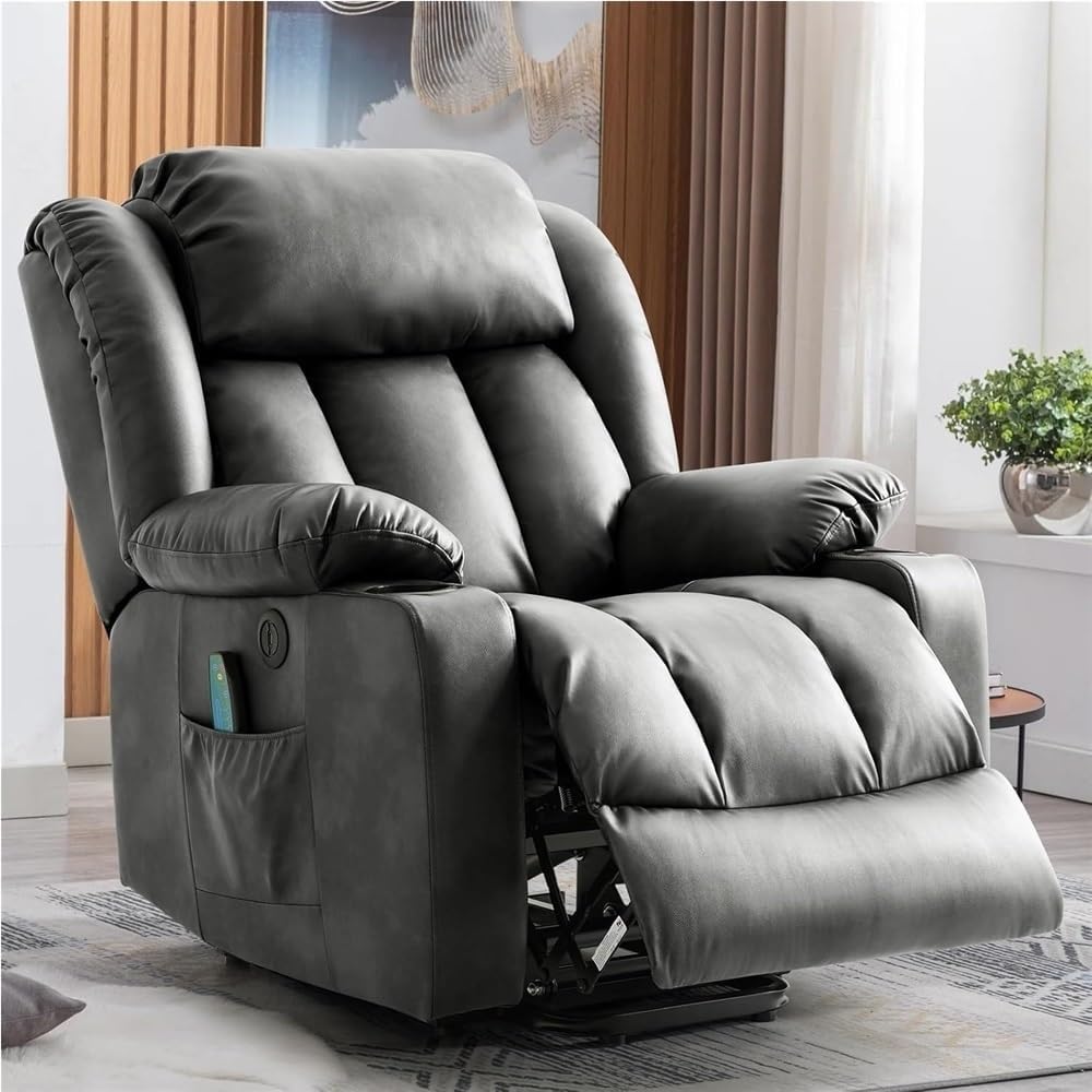 Electric Power Lift Recliner Chair for Elderly Adults with Heated Massage Remote Control USB Charger Side Pockets Cup Holders Comfortable Leather Reclining Sofa Seat
