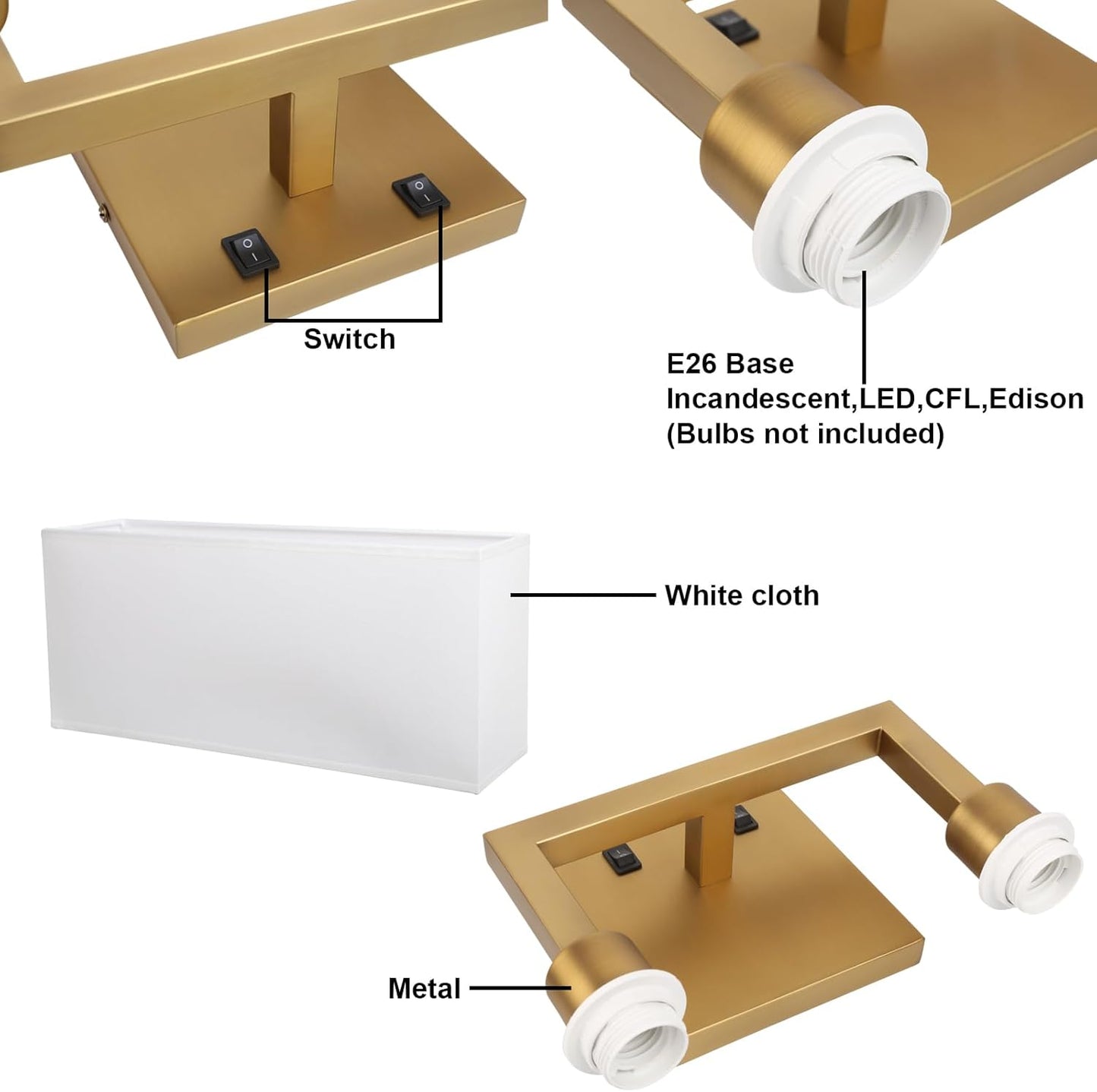 Yosoan Indoor Bedside Wall Sconce with On Off Switch, Modern Boho Interior Finish Brass 2-Light Vanity Vintage Industrial with Square White Fabric Shade for Reading Room Hallway(Antique)