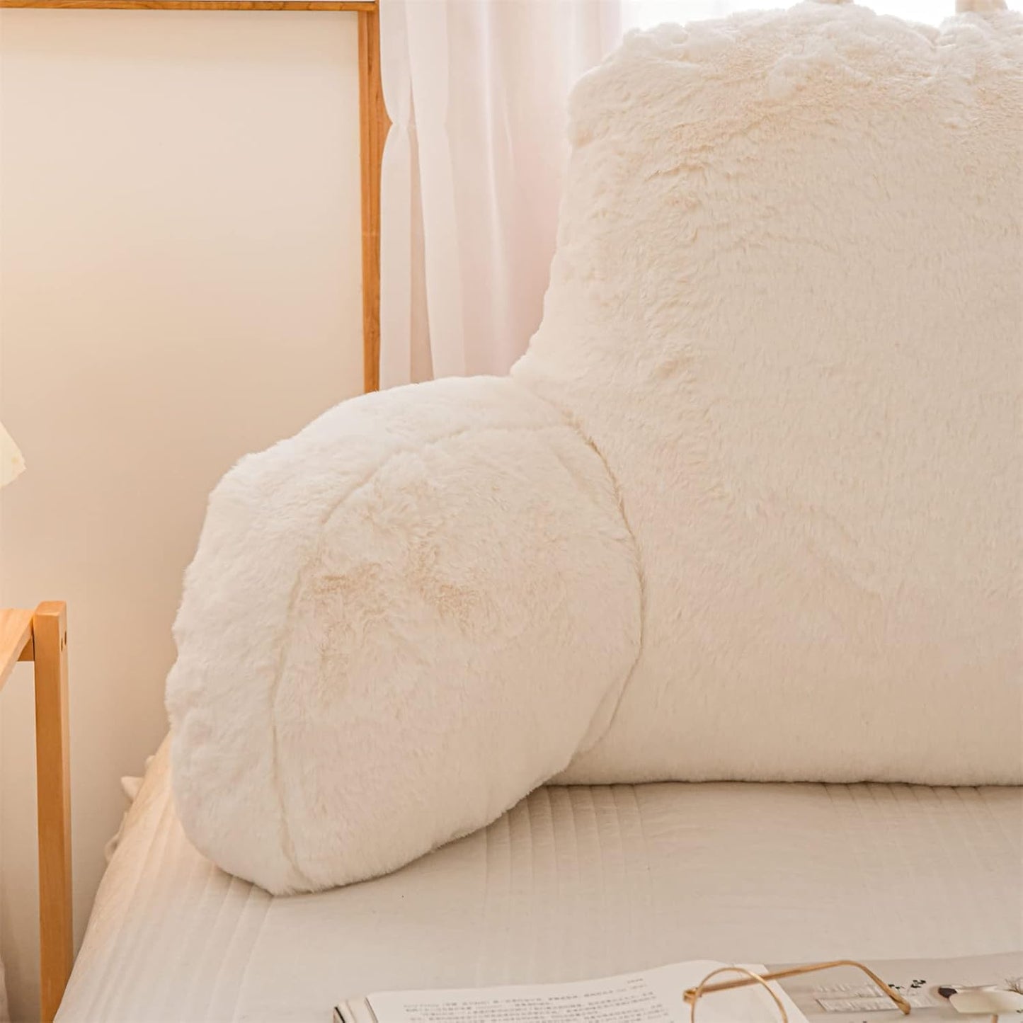 Reading Pillow with Arms — Large Faux Fur Wedge Backrest for Bed & Couch, Adults & Children (Ivory)