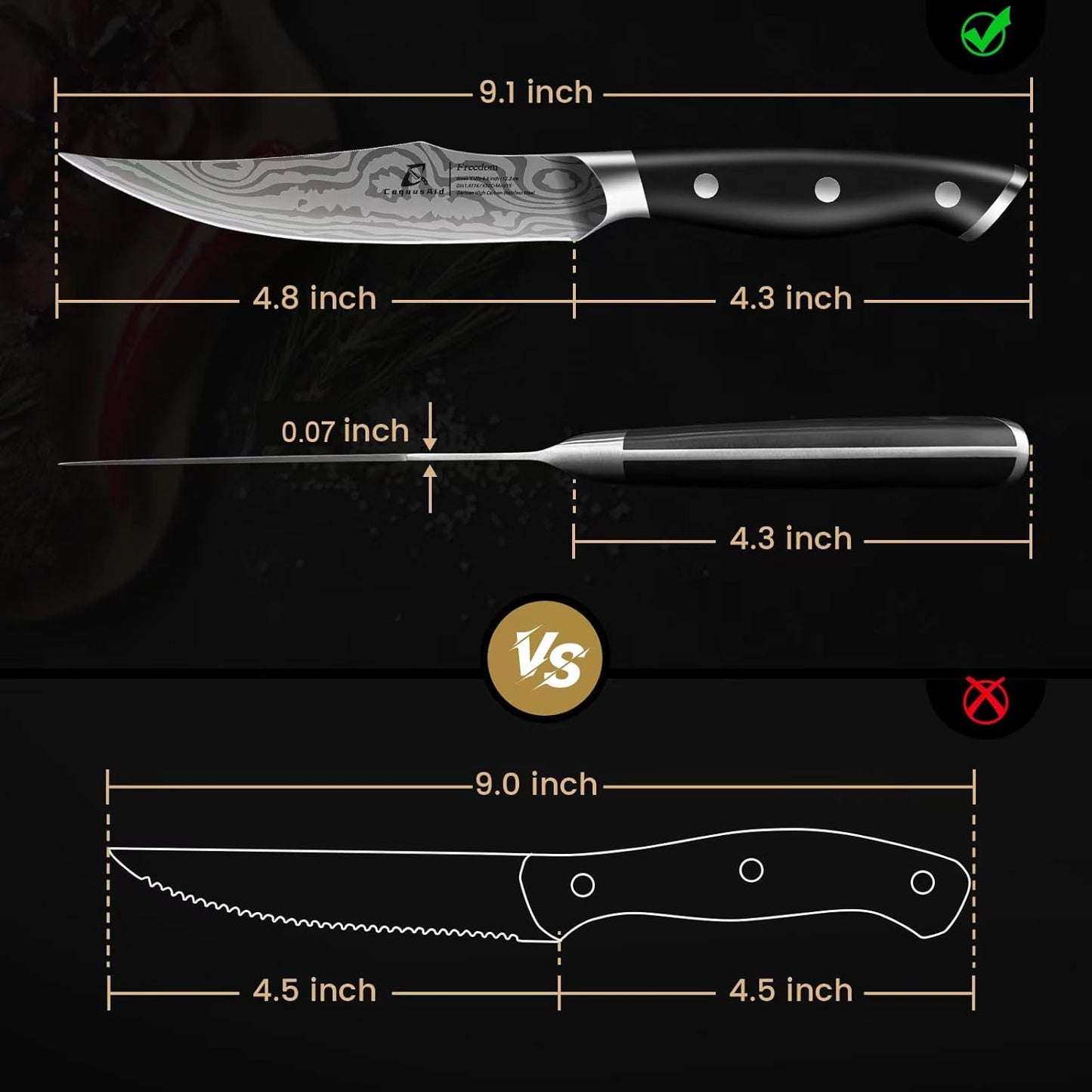 Steak Knives Set of 6, 4.8 Inch Non Serrated Razor-Sharp Durable Dinner knives with Rest, German Stainless Steel Damascus Pattern Full Tang Forged, Rust Resistant & Easy to Maintain