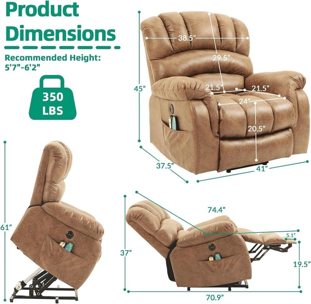 Oversized Power Lift Recliner for Tall Men – Dual Motor Electric Recliner Chair with Extended Footrest, Heat & Massage, Wide Seat, Side Pockets, USB Port, and 2 Remotes for Living Room