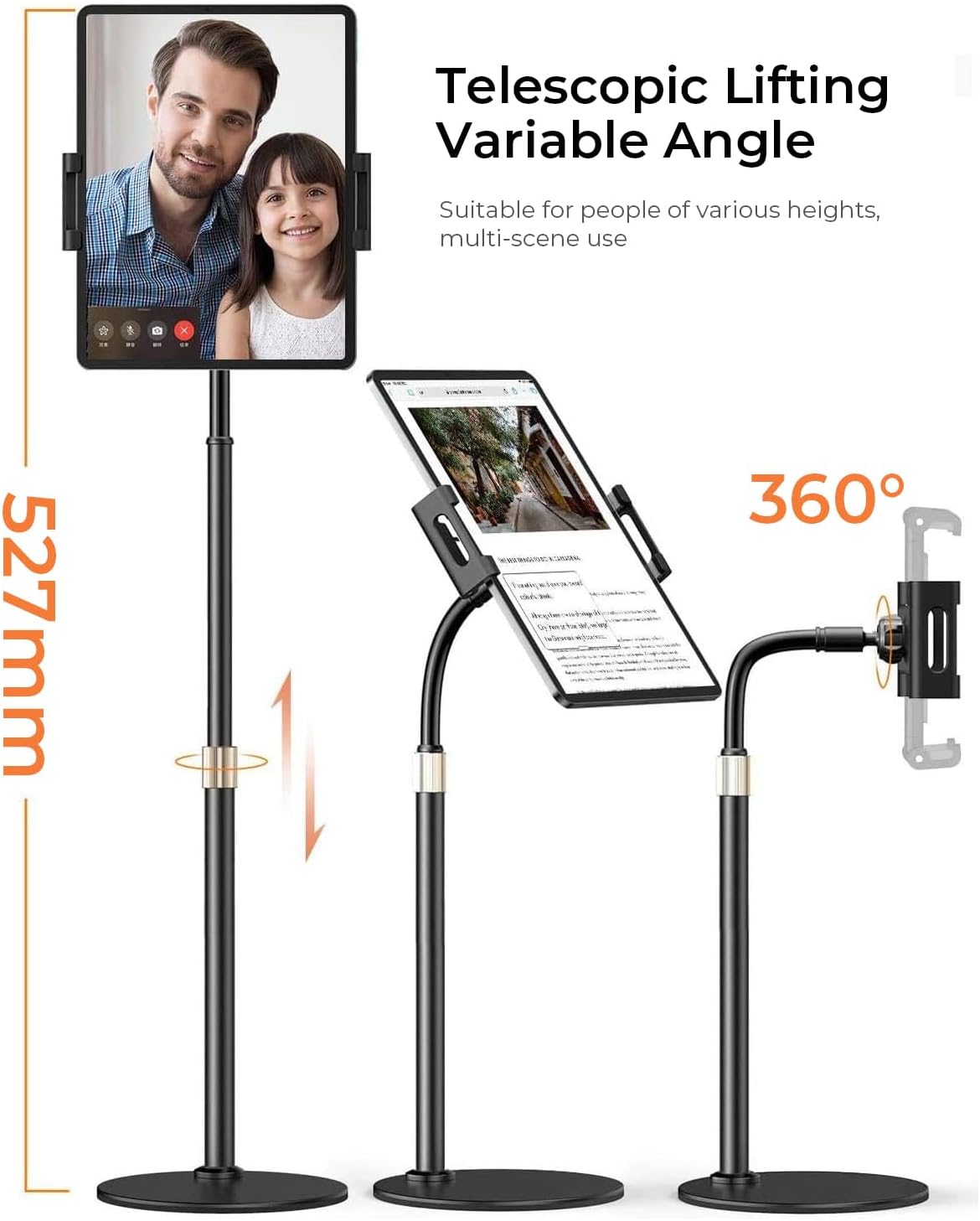 LISEN for iPad Stand for Desk Portable Monitor Adjustable Tablet Stand, Thick Case Friendly iPad Pro Holder Fits(4.7"-15.6") 12.9/10.9/10.2 Air Mini 4 3 2 Fire Tab Nexus Kindle, Black