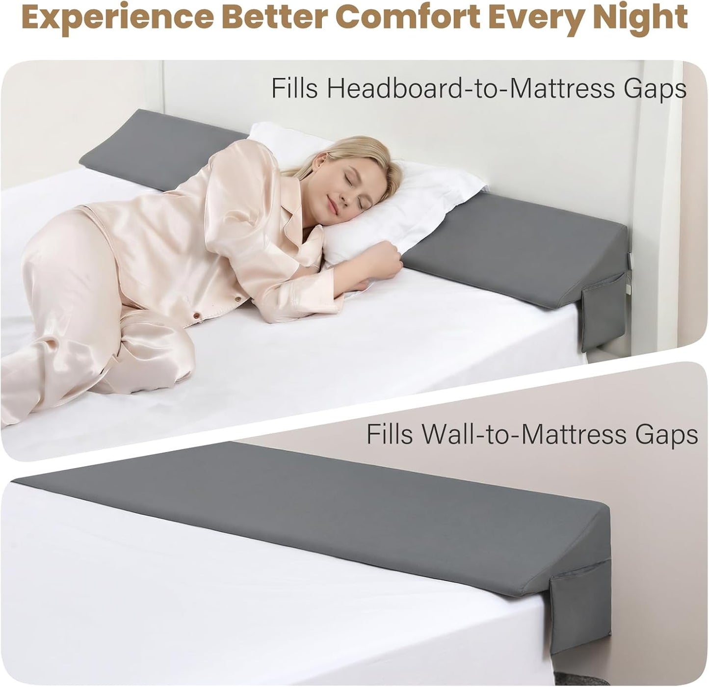 Vekkia Queen Bed Wedge Pillow for Headboard Gap Filler (0–5.5"), Prevents Pillows & Items from Falling, High-Density Foam Mattress Gap Filler with Pockets, Removable Cover, Gray, 60"x10"x6.5"