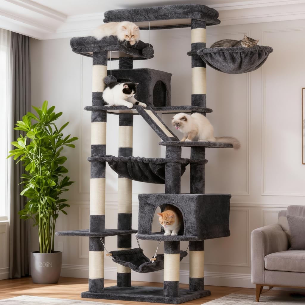 Heybly Cat Tree, 71-Inch-Tall Tower for Indoor Cats with 2 Perches, 2 Big Condos, 2 Hammocks, Basket, Scratching Pad, Large Cat Furniture and Condo, Smoky Gray HCT034G