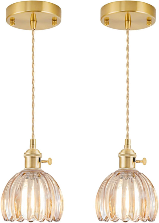 Mini Pendant Lights Kitchen Island 2 Pack, Small Adjustable Pendant Light Fixture with Amber Tulip Glass Lampshade, Vintage Gold Pendant Lighting, Pendant Light for Bedroom Dining Room Hallway