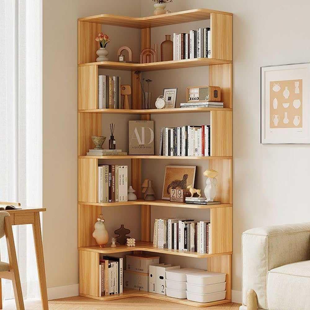 Modern Solid Wood Corner Bookshelf, 6-Tier Floor Bookcase with Open Back Design, Stylish Storage Solution for Living Room, Versatile Shelves for Books & Decor