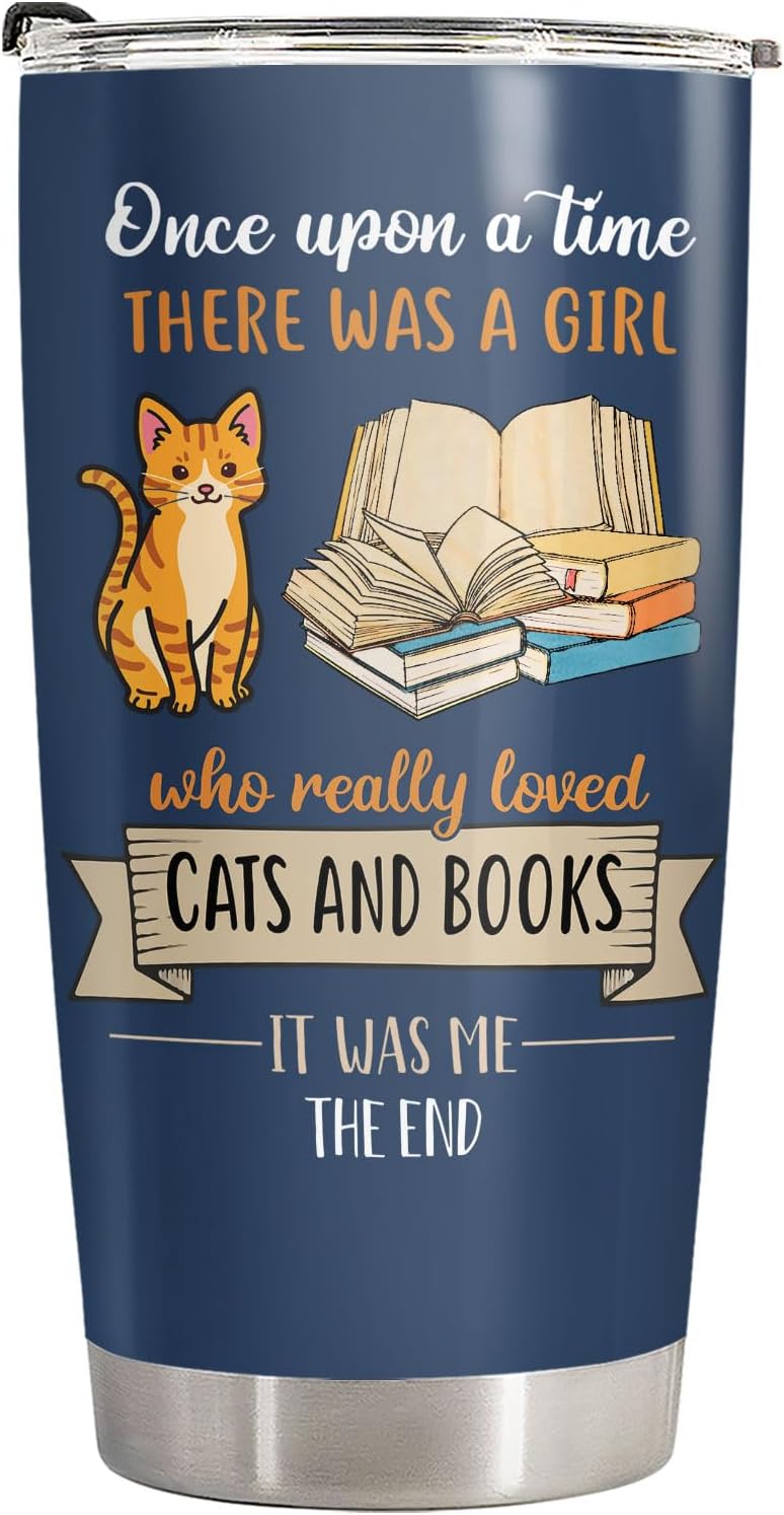 34HD Cat Bookish Tumbler 20oz Stainless Steel Insulated, Funny Just a Girl Who Loves Cats and Books Gift - Birthday Present for Pet Lovers, Librarian & Her