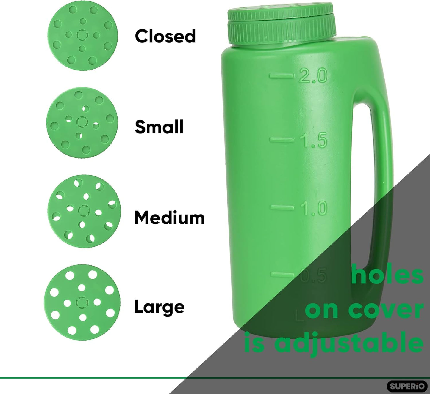 Superio Seed Spreader for Lawn, 2L Handheld Shaker, Dispenser for, Seed, Snow and Ice Melt, Salt, Insect Repellents- Multipurpose Garden Applicator with Adjustable Holes, 68 Oz