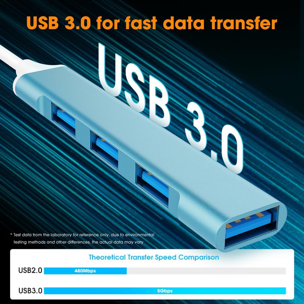 Mac USB C Adapter - Type C USB Adapter Hub with 4 Ports: 1 USB 3.0 + 3 USB 2.0, Ultra-Slim Aluminum Design, 5Gbps Transfer, Adapter for Mac USB C, Type C USB Hub (Light Blue)