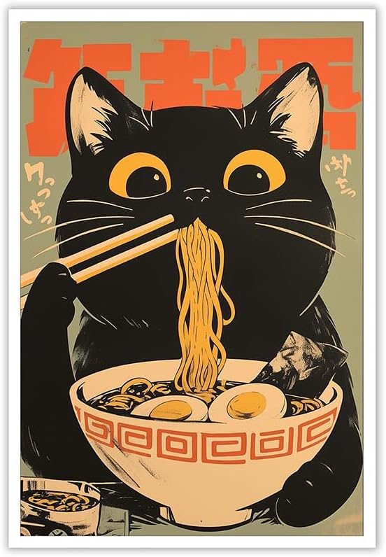 noskisy Vintage Black Cat Eat Tasty Noodle Posters Japanese Cute Cats Canvas Wall Art Period Ramen Cat Lovers Prints Painting For Kitchen Home Bedroom Dorm Wall Decor 8x12in Unframed