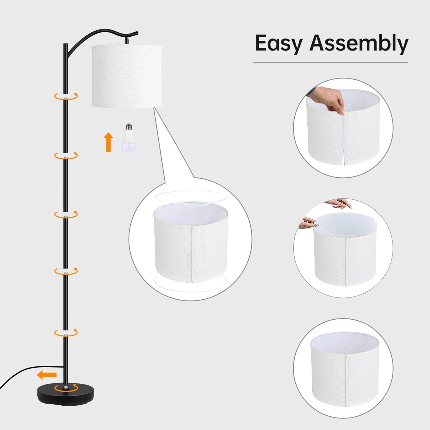 BoostArea Modern LED Arched Floor Lamp with Natural Linen Shade, 3 Brightness Levels, E26 Socket, Footswitch, 63-inch Tall, White