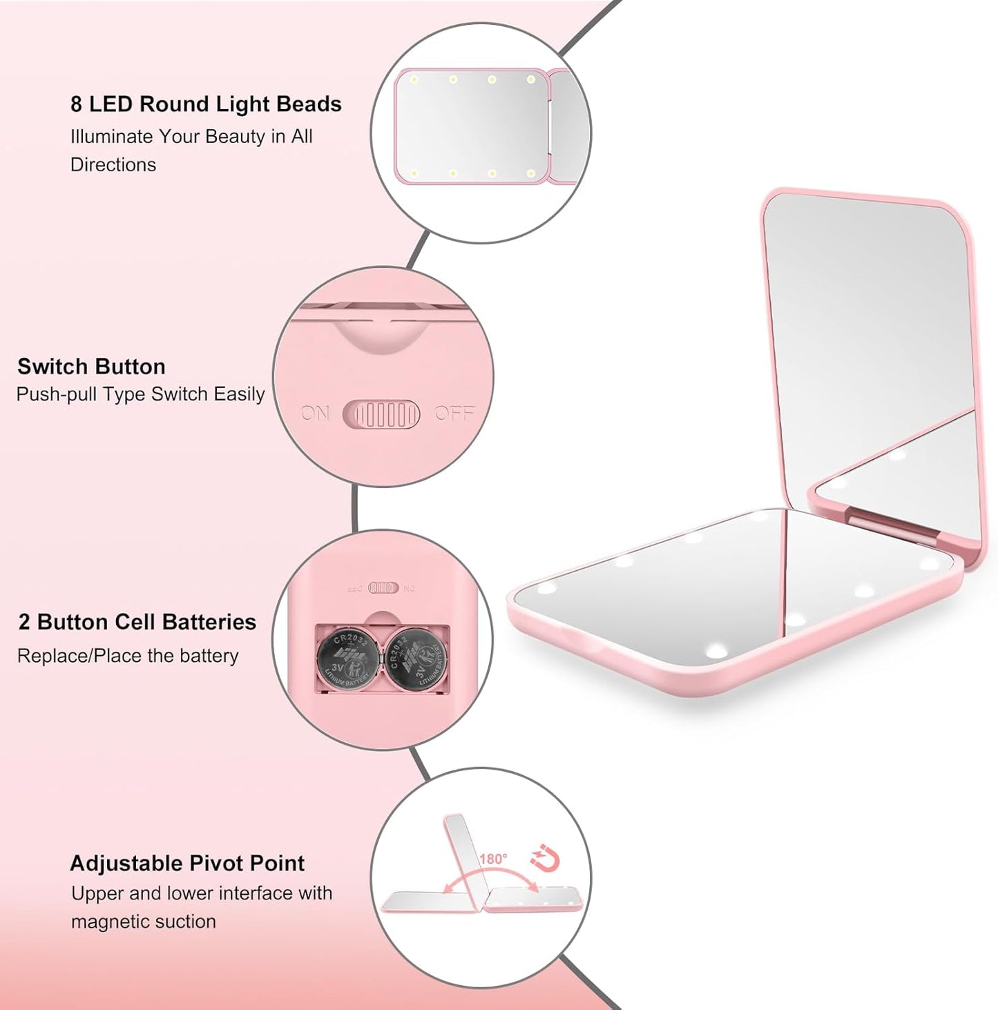 Compact Mirror, 1X/3X Magnification LED Pocket Mirror with Nternal BIattery, Mini Mirror for Purse, Pocket,Travel and Present (Pink)