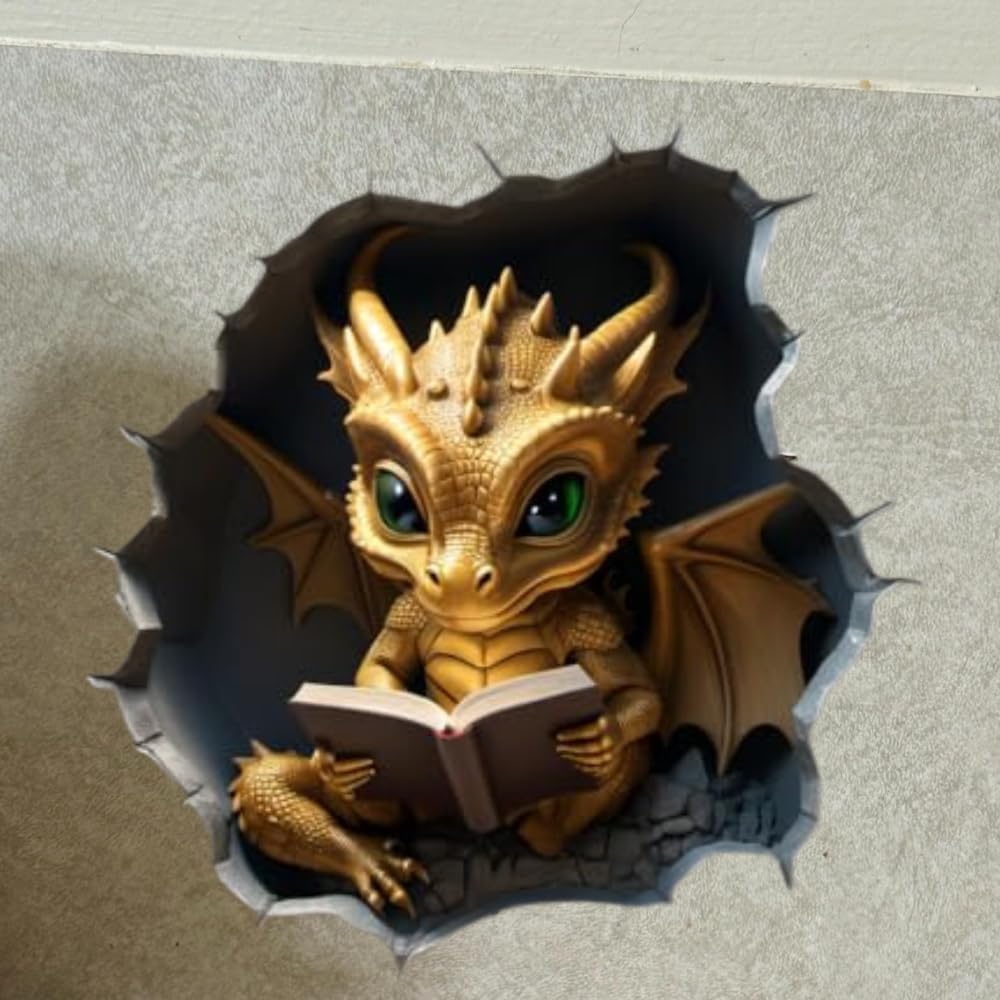Dragon Reading in Wall Hole Decal, 3D Wall Sticker, 5 in, Pack of 2