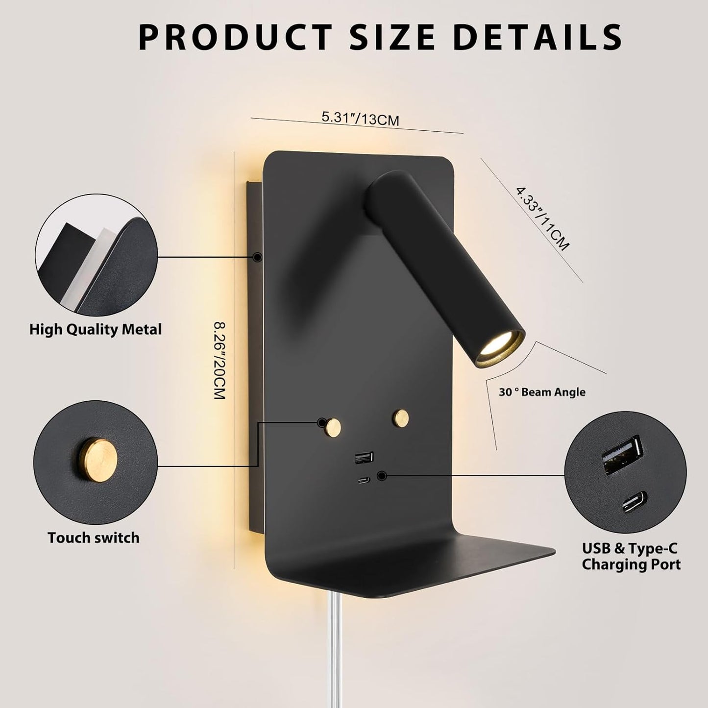 ZEROUNO LED Dimmable Wall Mounted Reading Light, Backlight Night Wall Lamp, Adjustable Headboard Plug in Wall Sconce with USB C+A Ports, LED Reading Light for Bedroom Bedside Lamps