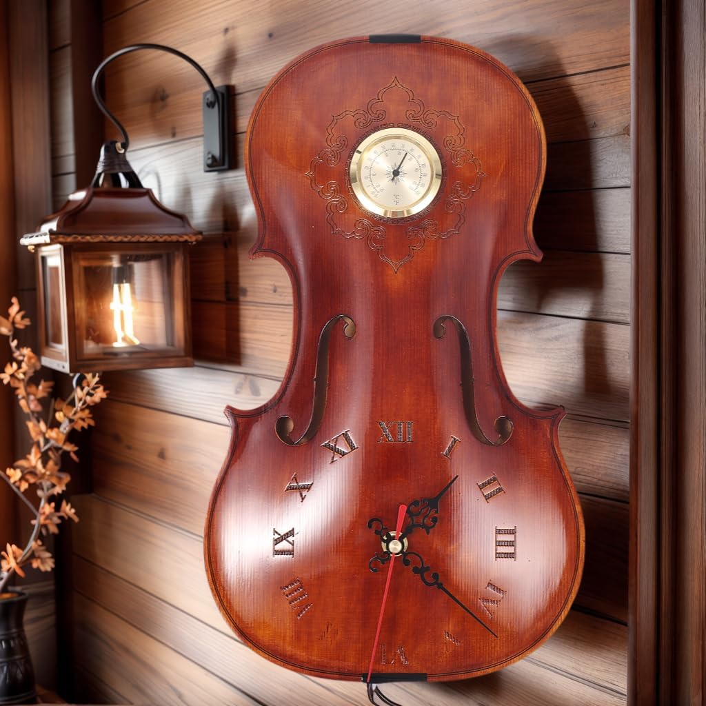 Handcrafted Solid Wood Violin Wall Clock with Thermometer & Hygrometer | Unique Musical Gift for Musicians, Mercury-Free Indoor Temperature Gauge, Analog Quartz Timepiece (Thermometer Clock)
