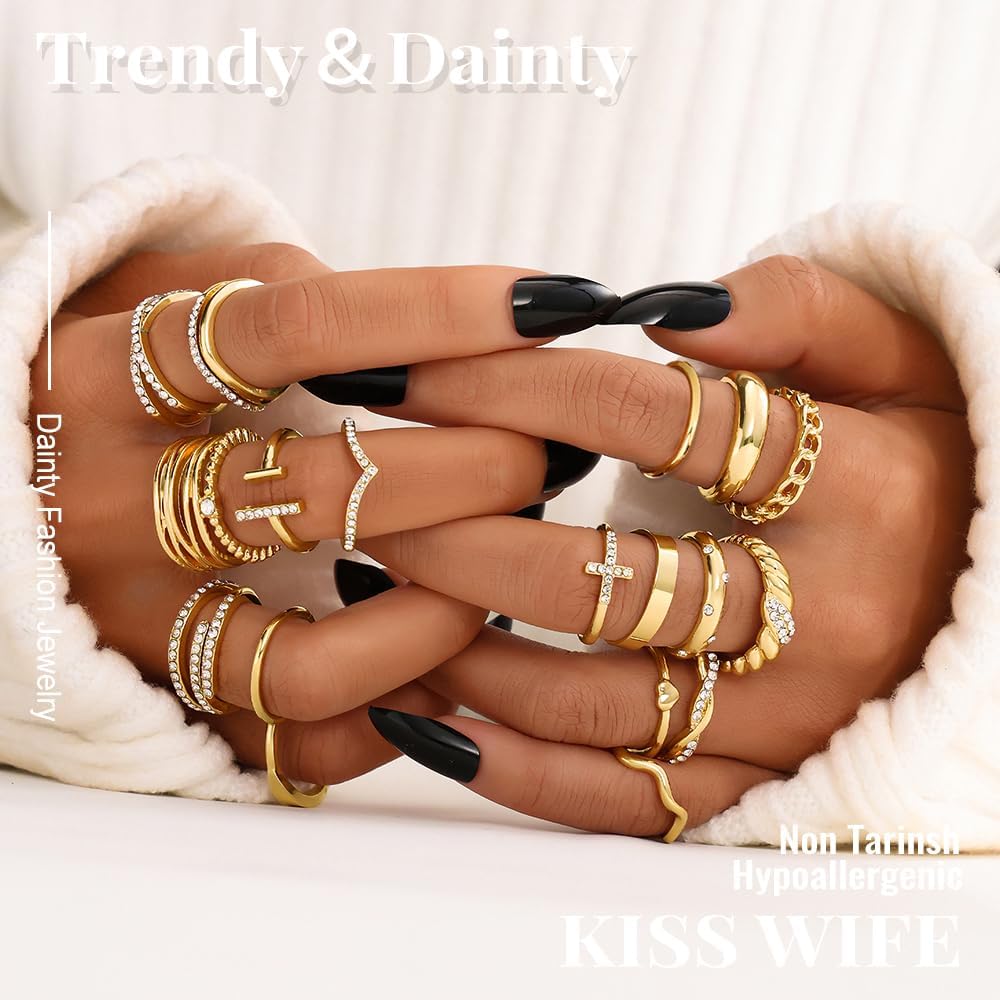 KISS WIFE Golden Silvery Black Kunckle Rings Set for Women, Dainty Simple Trendy Cute Stackable Finger Rings Pack, Perfect for Stacking Layering on Thumb and Knuckle, Mixed Size, Jewelry Gift