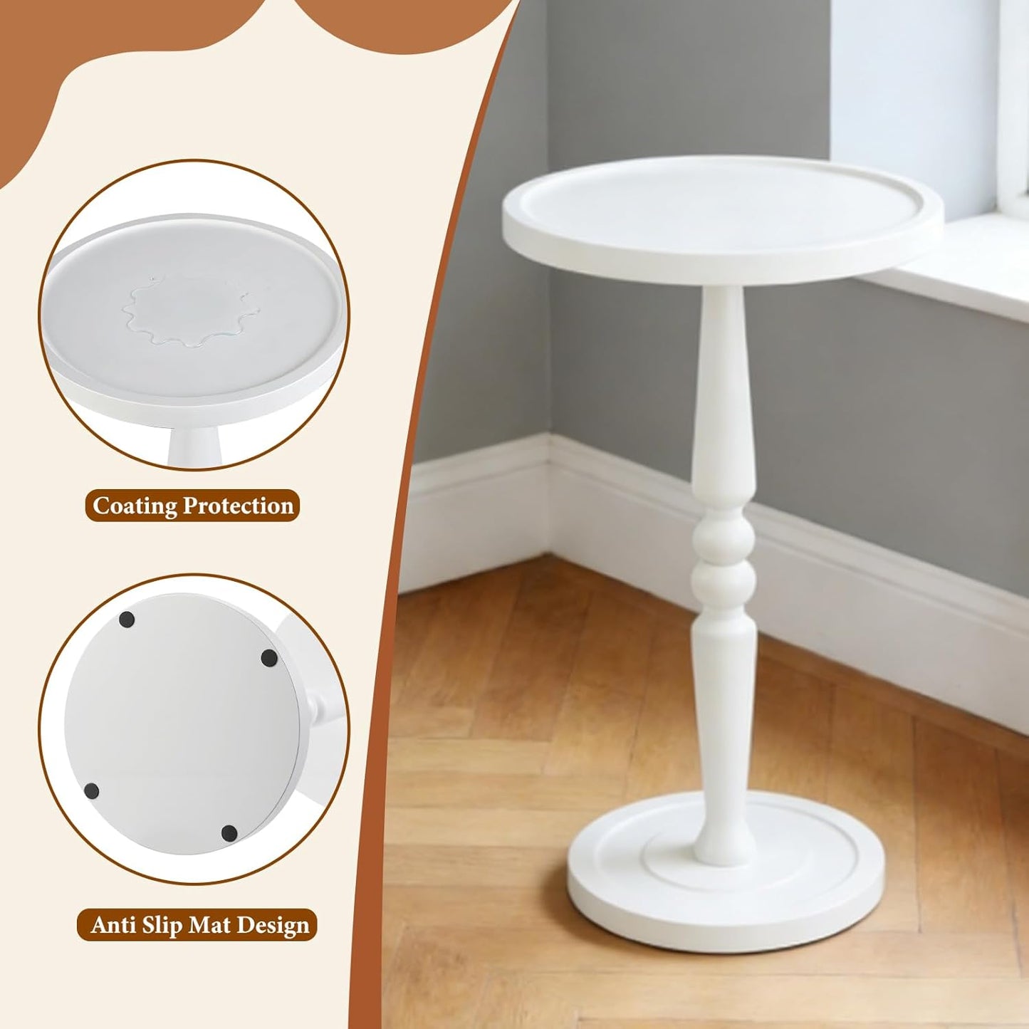 Small Side Table for Small Spaces, Modern Round End Table with Natural Solid Wooden Top, Pedestal and Leg, White Accent Drink Tables for Livingroom, Bedroom, Sofa, Corner, Coffee, Office, Couch