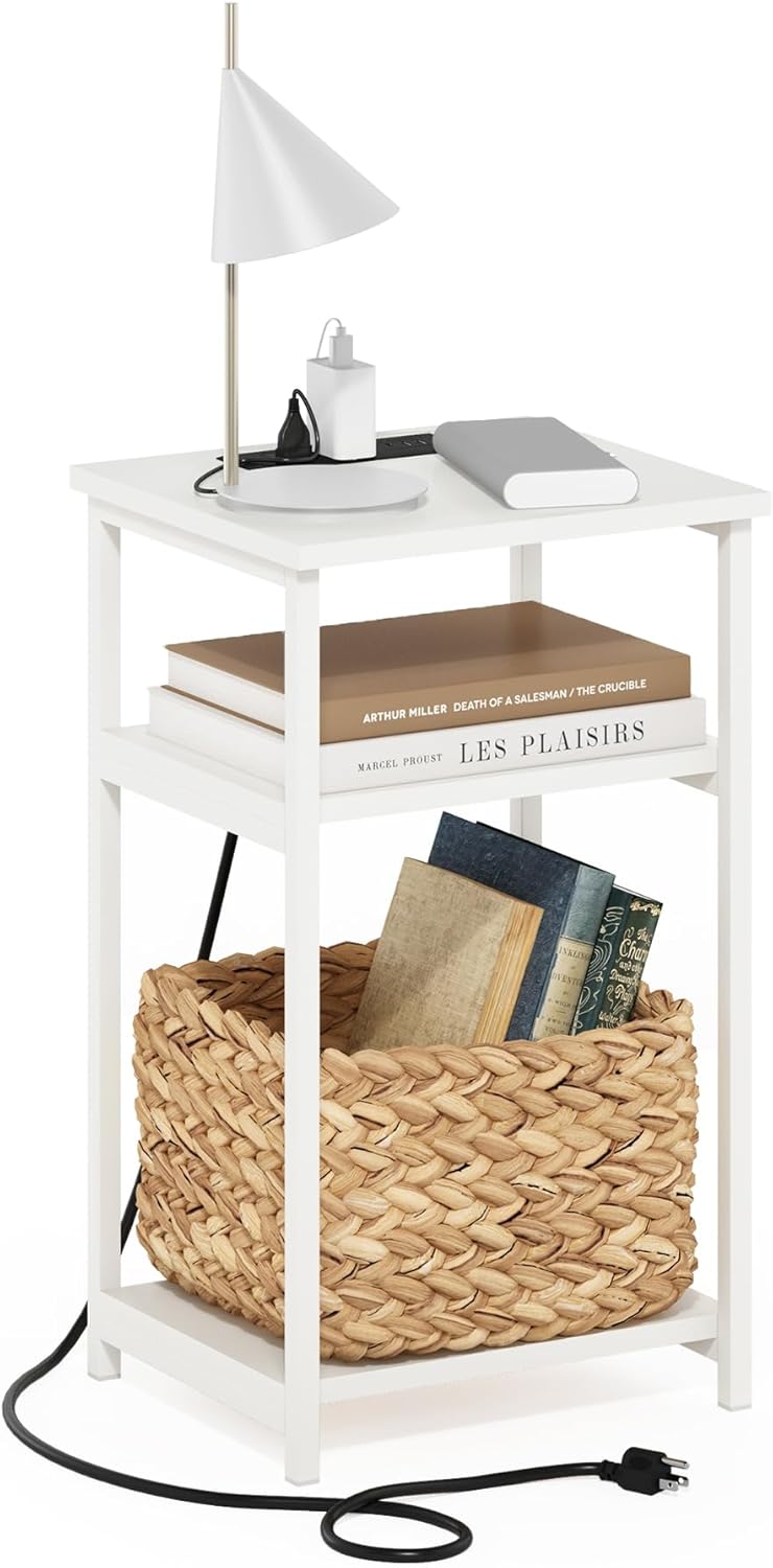 Furinno Moretti Side Table, 3-Tier Modern End Table with Charging Station, Metal Frame Night Stand, Bedside Table with USB and Type-C Charging Port, for Living Room, Bedroom, White