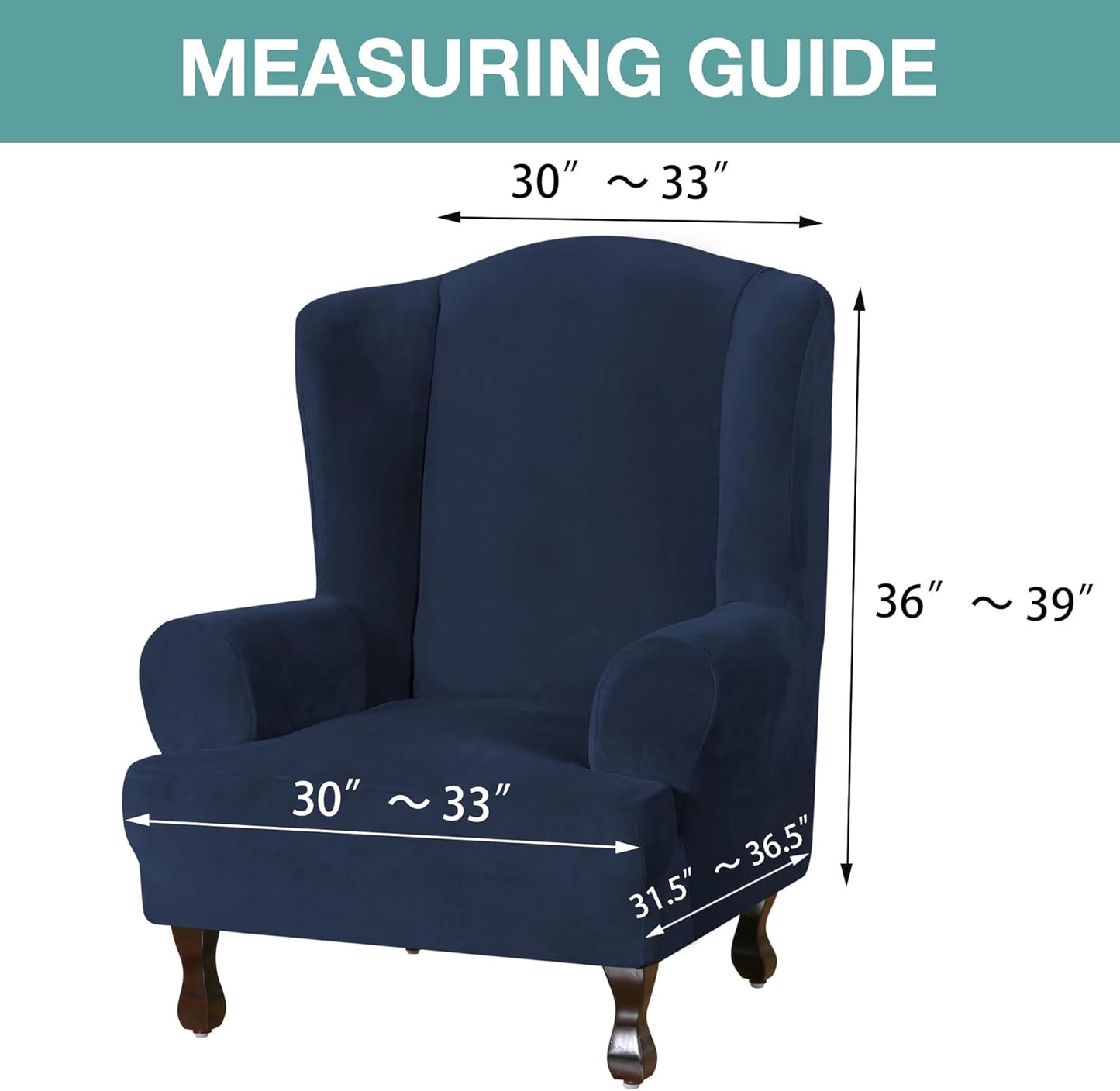 Turquoize Wing Chair Slipcover Velvet Slipcovers for Wingback Chairs Ultra Soft Velvet Sofa Covers 1-Piece Furniture Cover/Wingback Chair Cover with Elastic Bottom, Machine Washable (Wing Chair, Navy)